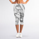 White Gray Marble Print Women's Capri Leggings
