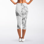 White Gray Marble Print Women's Capri Leggings