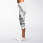 White Gray Marble Print Women's Capri Leggings