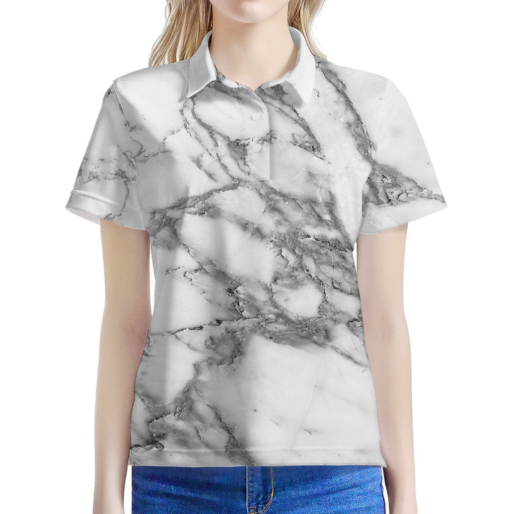 White Gray Marble Print Women's Polo Shirt