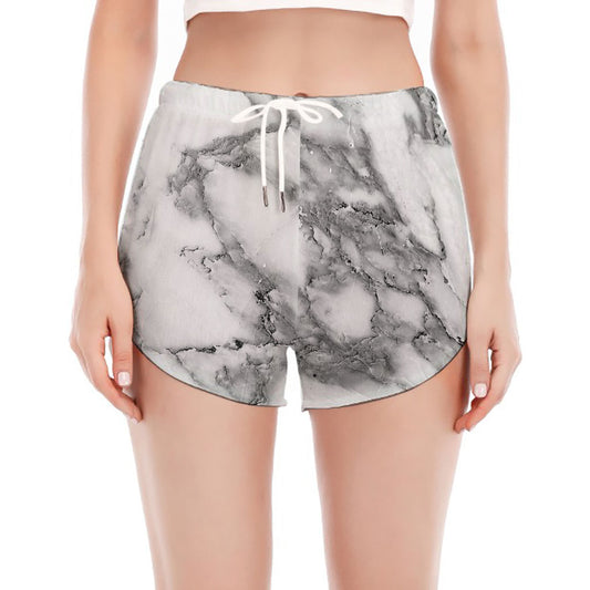 White Gray Marble Print Women's Split Running Shorts