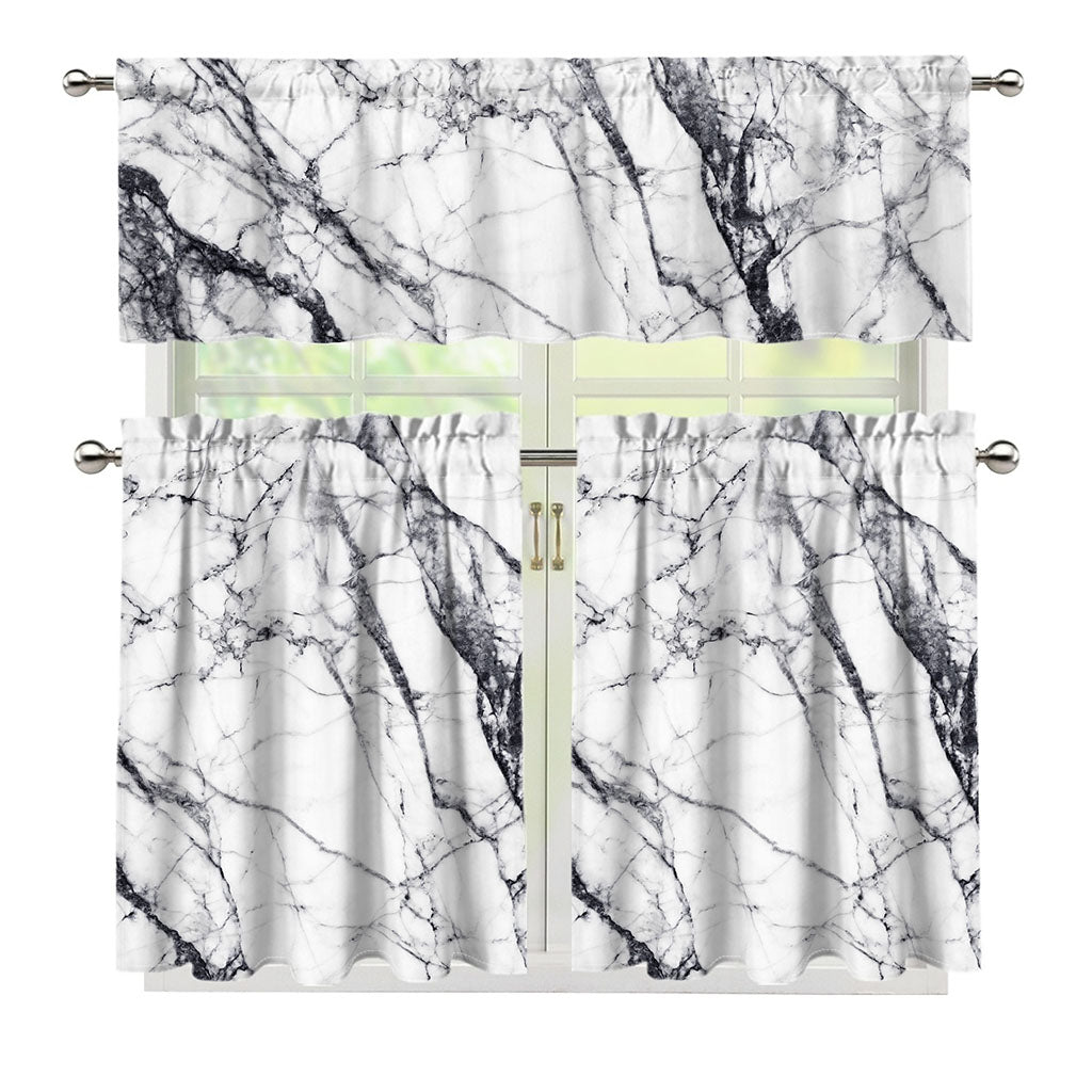 White Gray Scratch Marble Print 3 Piece Kitchen Curtains