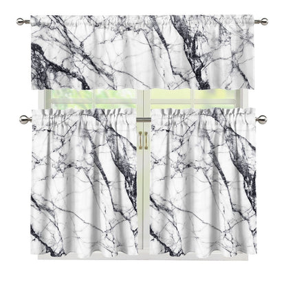 White Gray Scratch Marble Print 3 Piece Kitchen Curtains