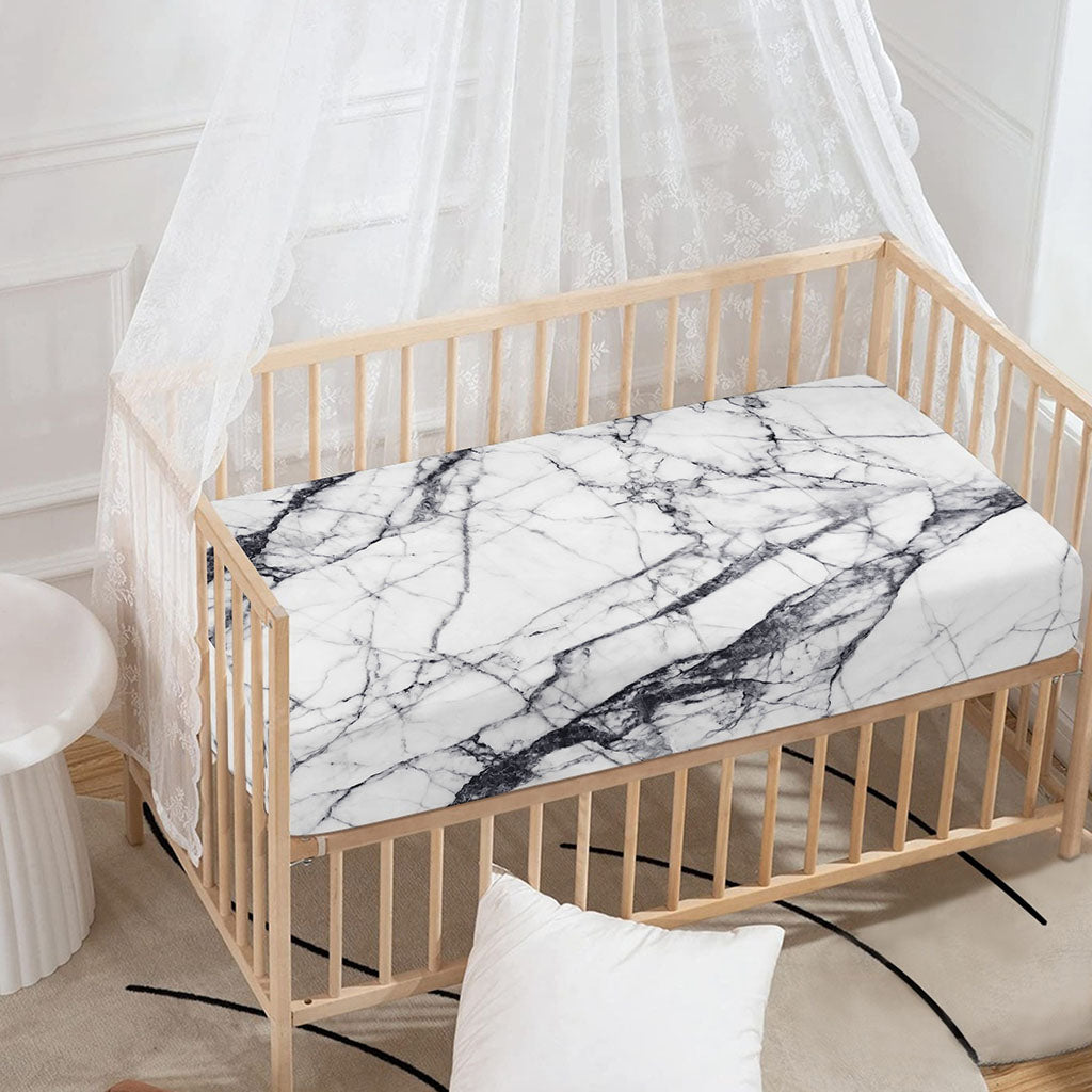 White Gray Scratch Marble Print Baby Crib Sheet