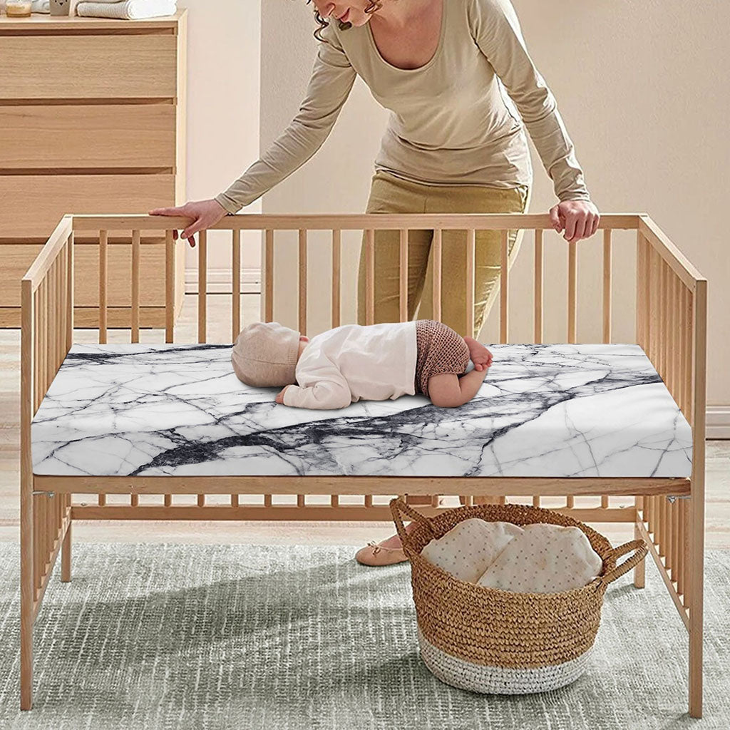 White Gray Scratch Marble Print Baby Crib Sheet