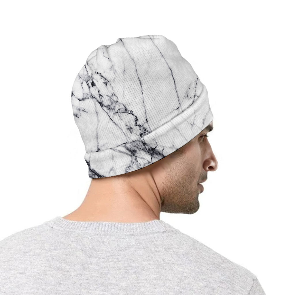 White Gray Scratch Marble Print Beanie