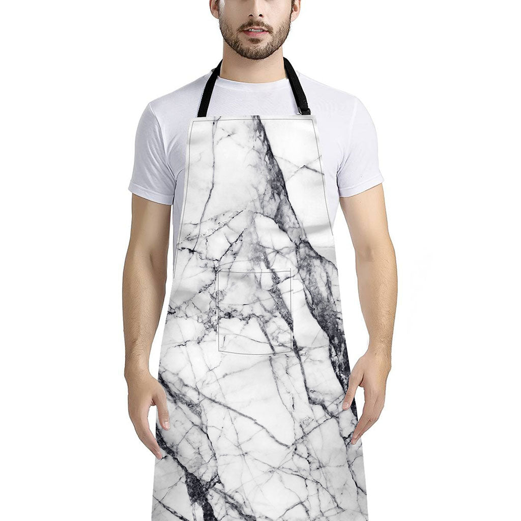 White Gray Scratch Marble Print Bib Apron With Pocket