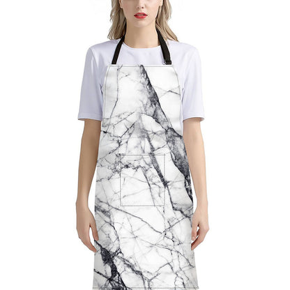 White Gray Scratch Marble Print Bib Apron With Pocket