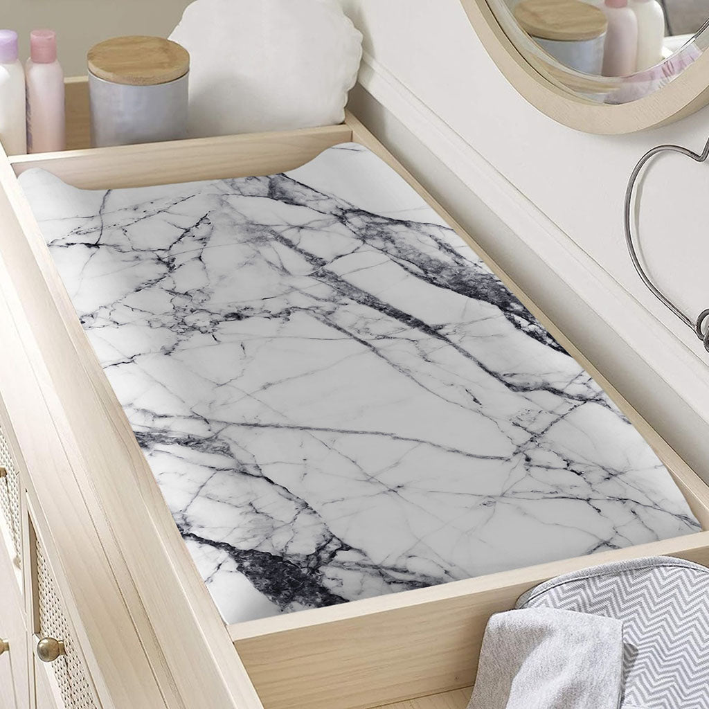 White Gray Scratch Marble Print Changing Pad Cover