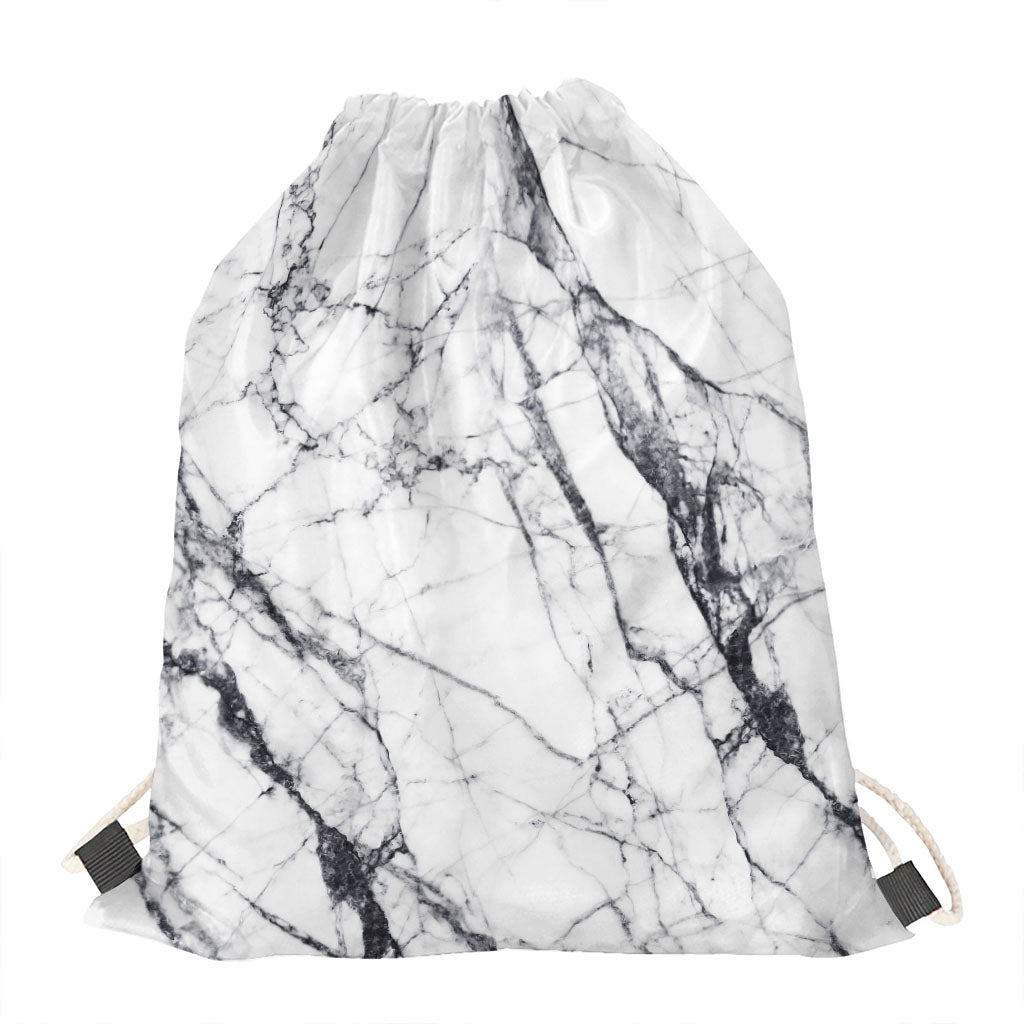 White Gray Scratch Marble Print Drawstring Bag