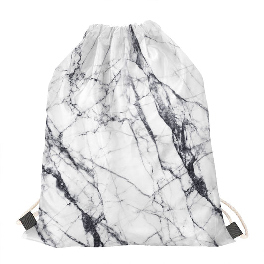 White Gray Scratch Marble Print Drawstring Bag