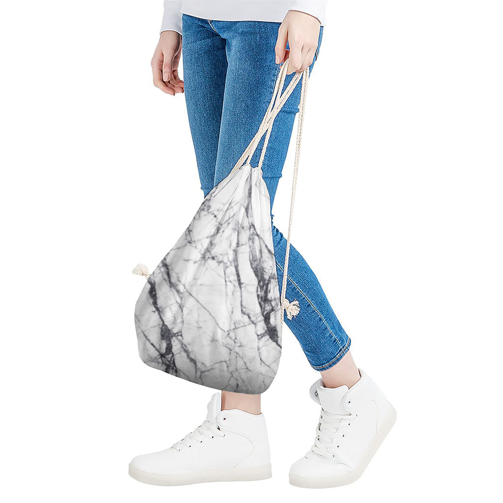 White Gray Scratch Marble Print Drawstring Bag