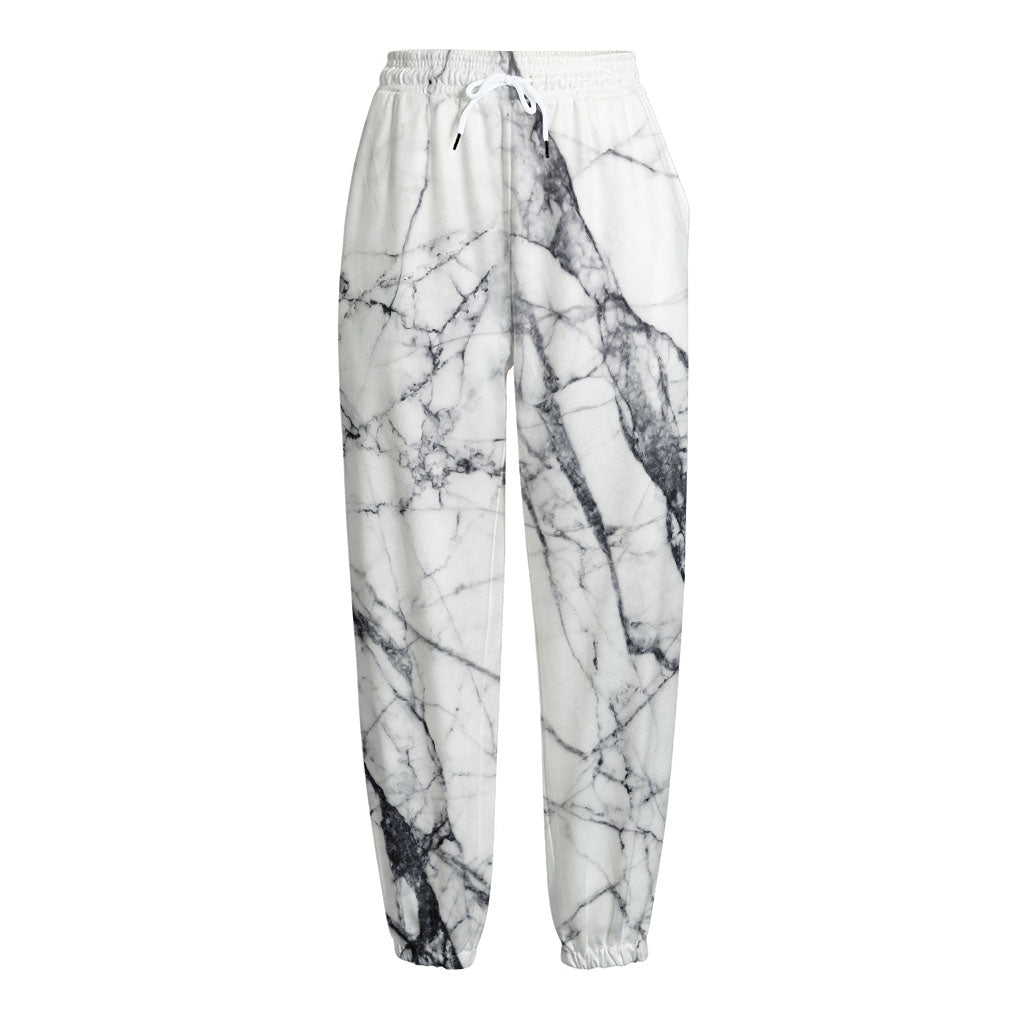 White Gray Scratch Marble Print Fleece Lined Knit Pants
