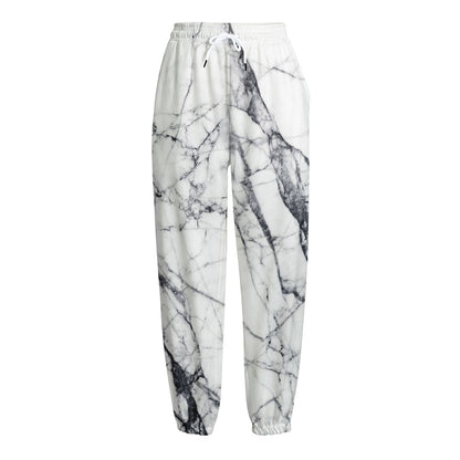 White Gray Scratch Marble Print Fleece Lined Knit Pants