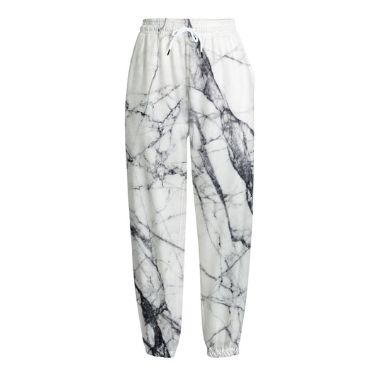 White Gray Scratch Marble Print Fleece Lined Knit Pants