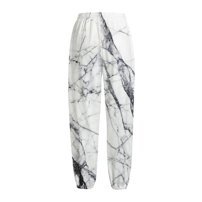 White Gray Scratch Marble Print Fleece Lined Knit Pants