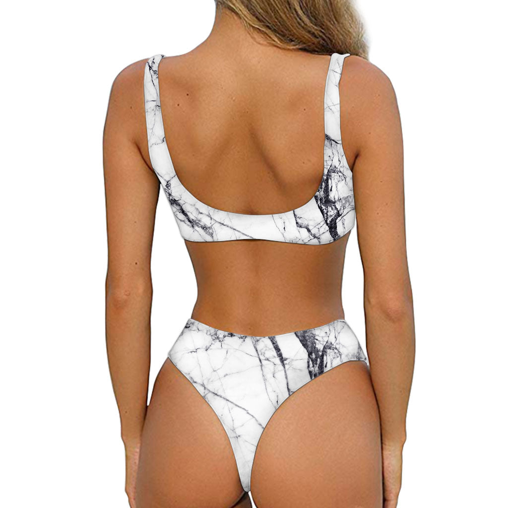 White Gray Scratch Marble Print Front Bow Tie Bikini