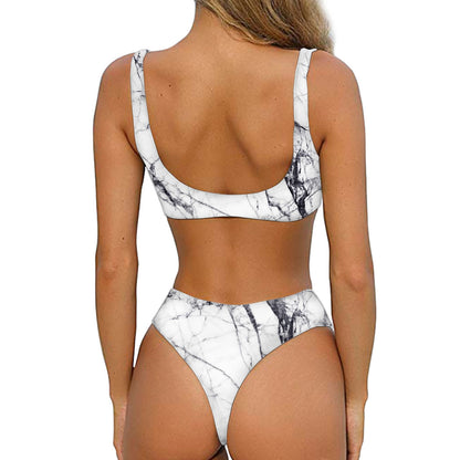 White Gray Scratch Marble Print Front Bow Tie Bikini