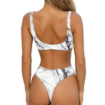 White Gray Scratch Marble Print Front Bow Tie Bikini