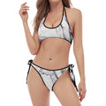 White Gray Scratch Marble Print Halter Scoop Tie Side Bikini
