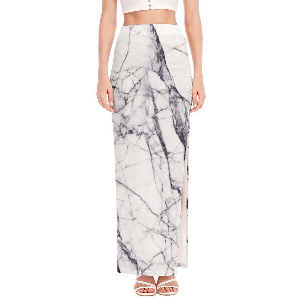 White Gray Scratch Marble Print High Slit Maxi Skirt