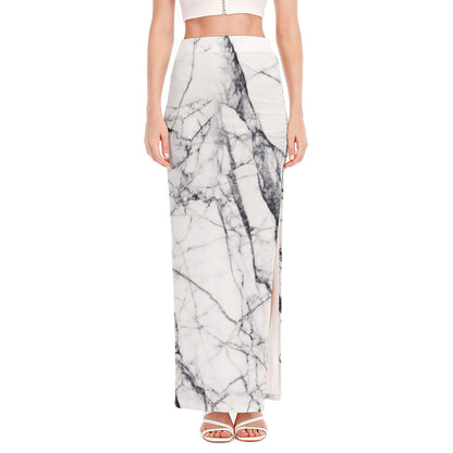 White Gray Scratch Marble Print High Slit Maxi Skirt