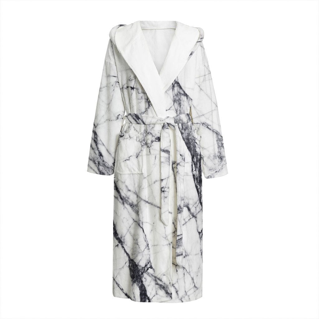 White Gray Scratch Marble Print Hooded Bathrobe