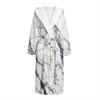 White Gray Scratch Marble Print Hooded Bathrobe