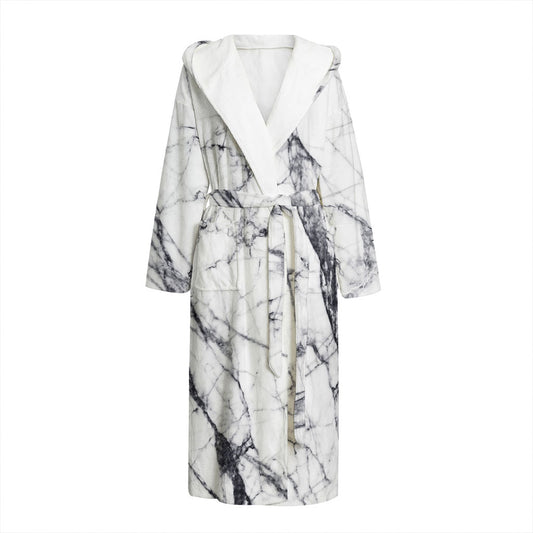 White Gray Scratch Marble Print Hooded Bathrobe