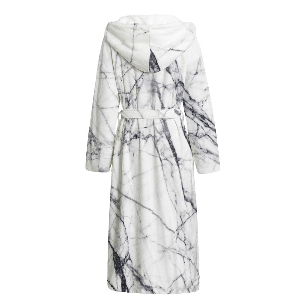 White Gray Scratch Marble Print Hooded Bathrobe
