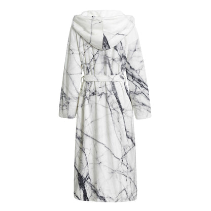 White Gray Scratch Marble Print Hooded Bathrobe