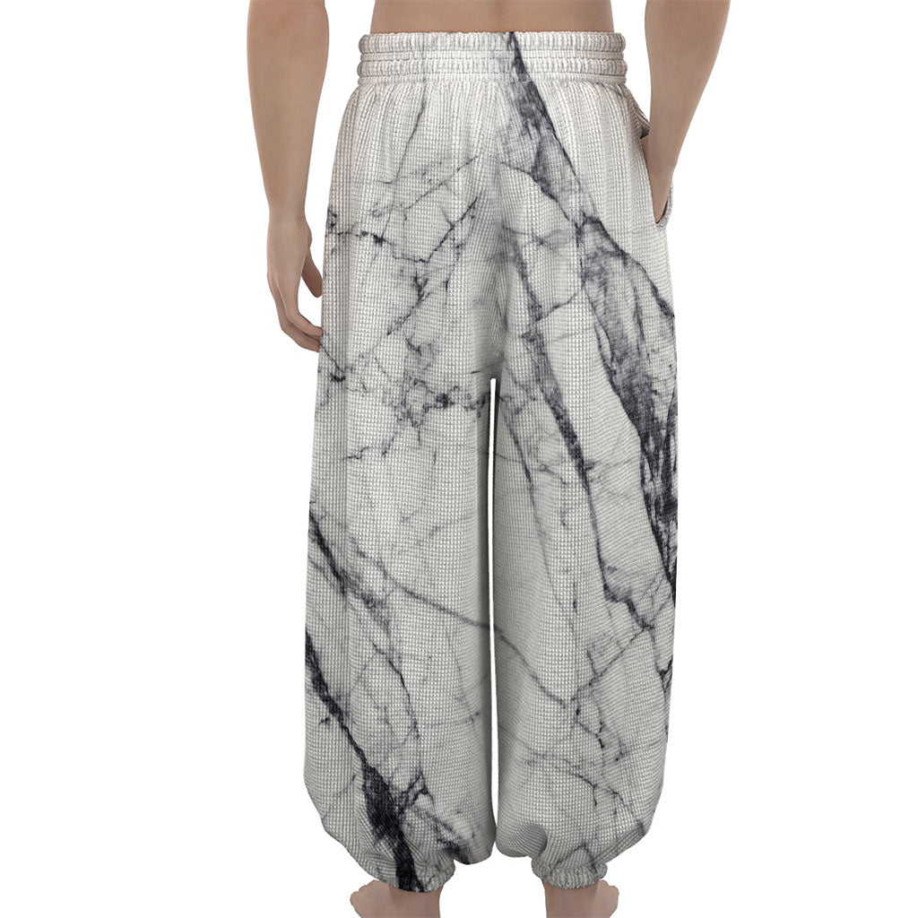 White Gray Scratch Marble Print Lantern Pants