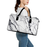 White Gray Scratch Marble Print Leather Duffle Bag