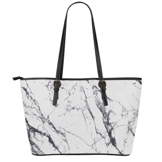 White Gray Scratch Marble Print Leather Tote Bag