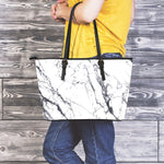 White Gray Scratch Marble Print Leather Tote Bag