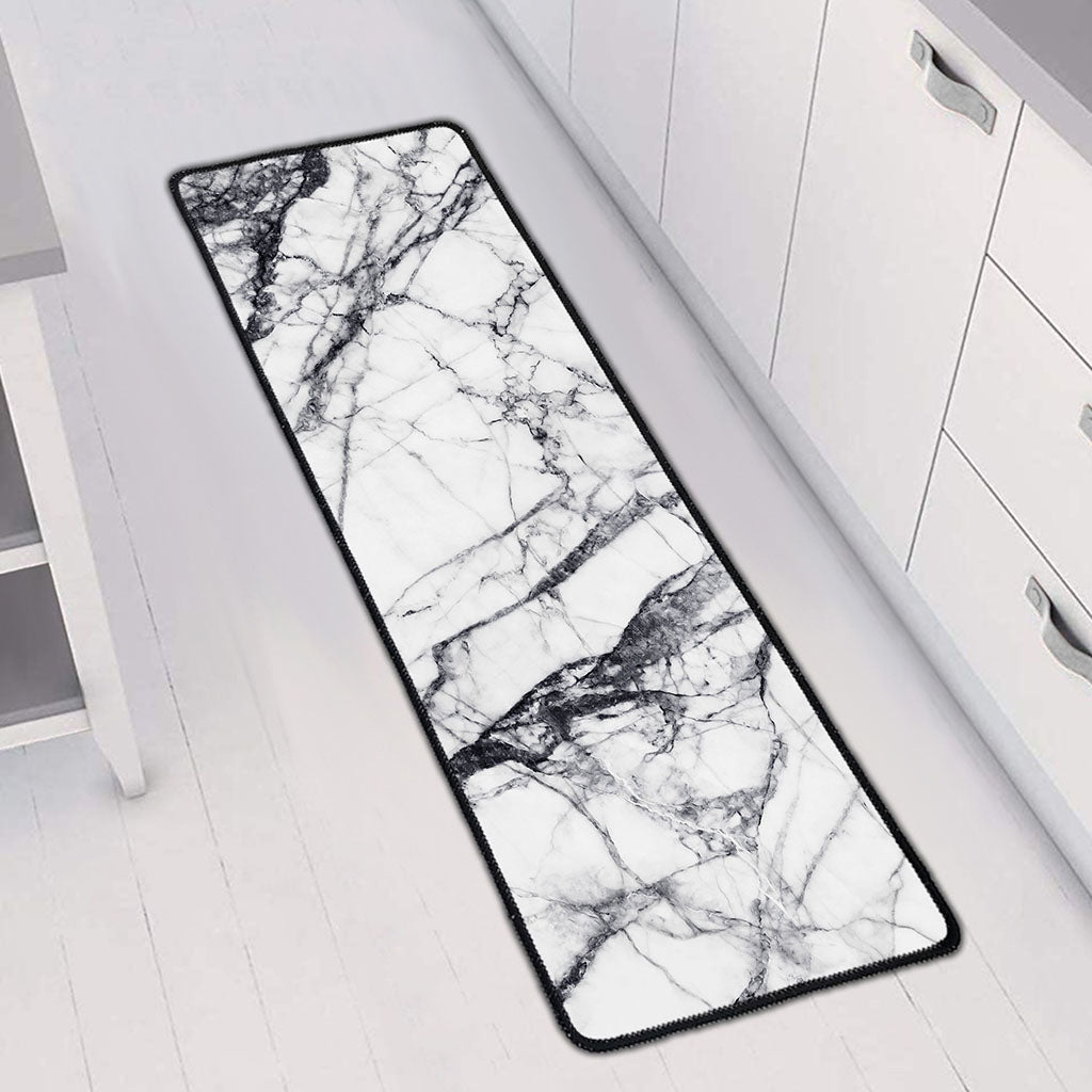 White Gray Scratch Marble Print Long Kitchen Mat