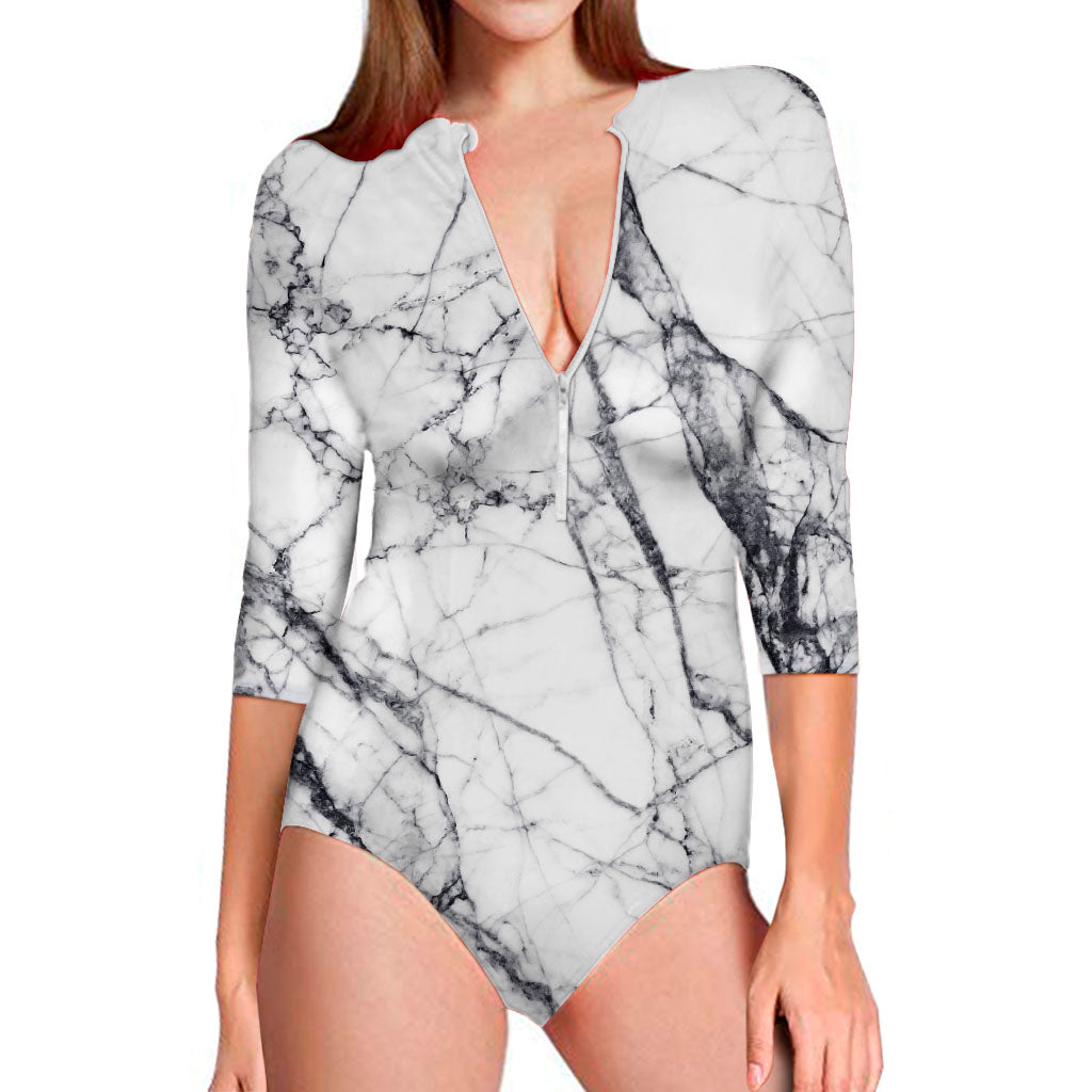 White Gray Scratch Marble Print Long Sleeve Swimsuit