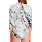White Gray Scratch Marble Print Long Sleeve Swimsuit