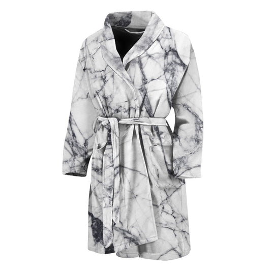 White Gray Scratch Marble Print Men's Bathrobe