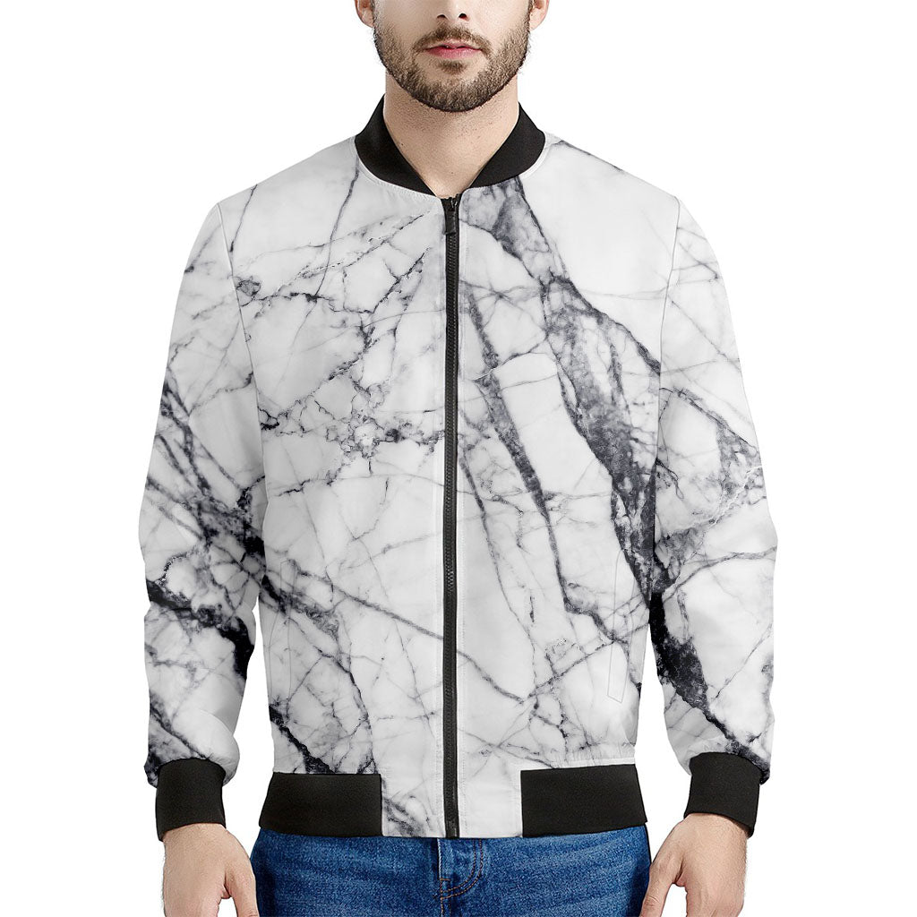 White Gray Scratch Marble Print Men's Bomber Jacket