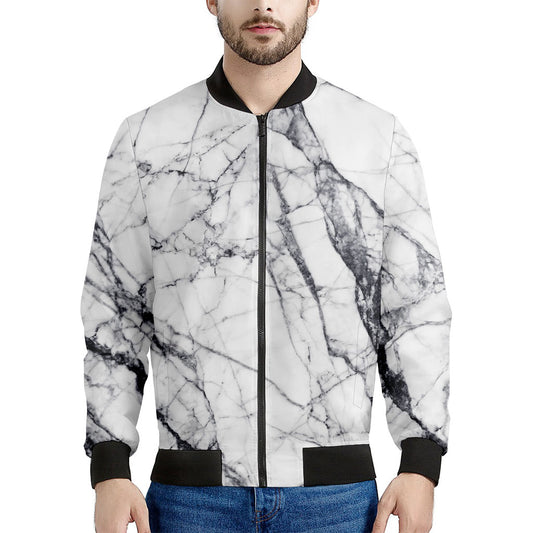White Gray Scratch Marble Print Men's Bomber Jacket