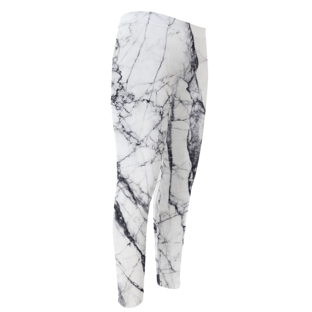 White Gray Scratch Marble Print Men's Compression Pants