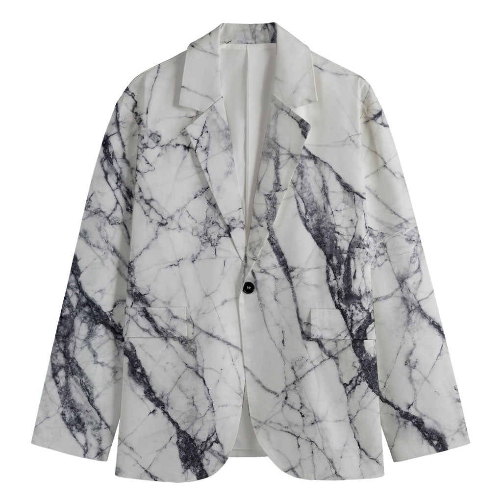 White Gray Scratch Marble Print Men's Cotton Blazer