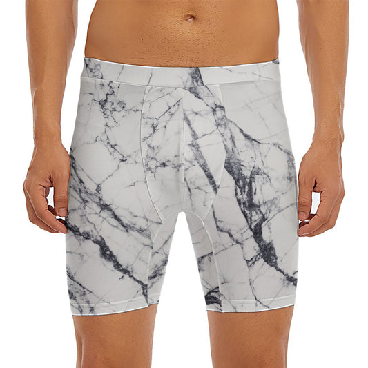 White Gray Scratch Marble Print Men's Long Boxer Briefs