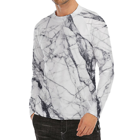 White Gray Scratch Marble Print Men's Long Sleeve Rash Guard