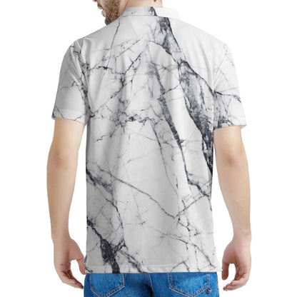 White Gray Scratch Marble Print Men's Polo Shirt