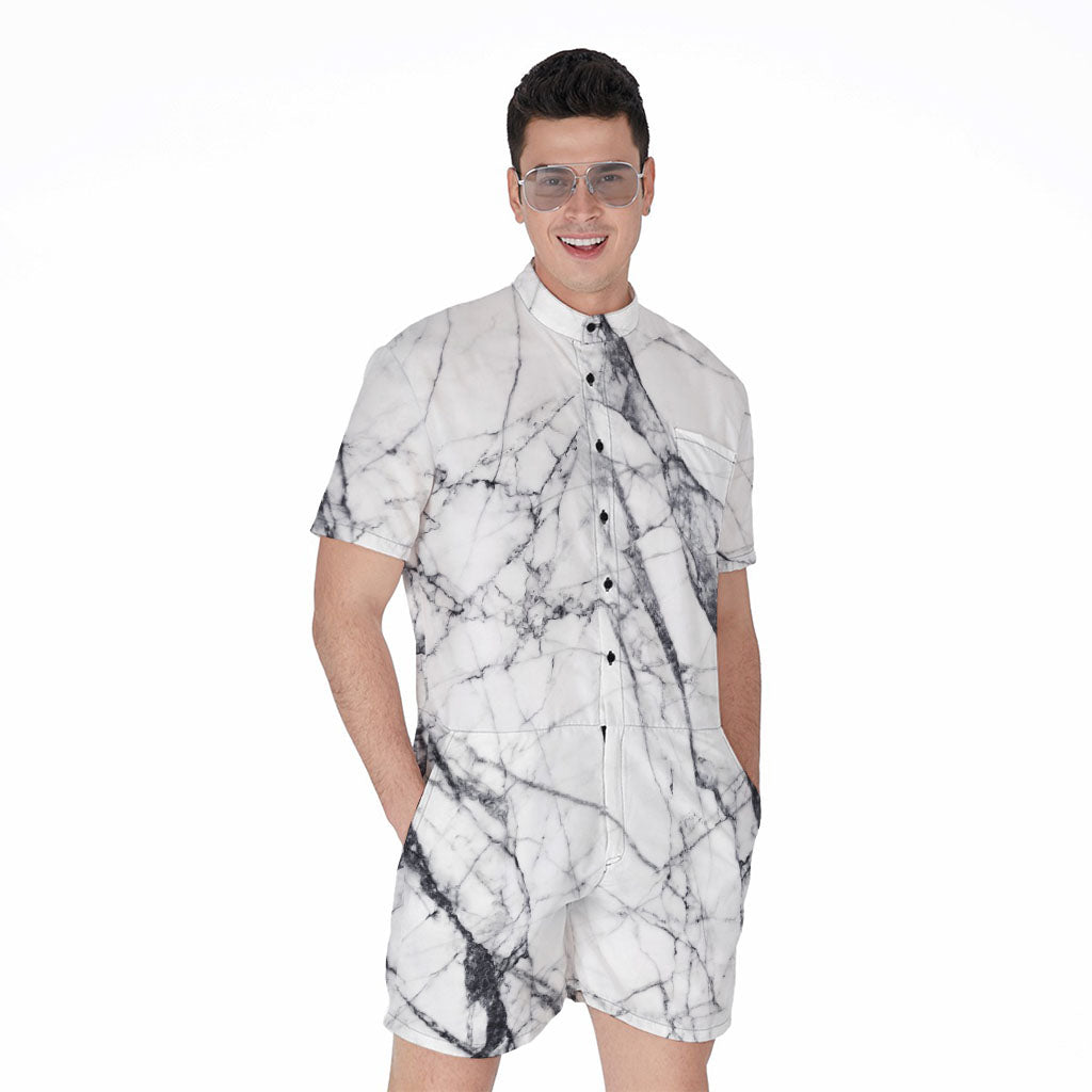 White Gray Scratch Marble Print Men's Rompers