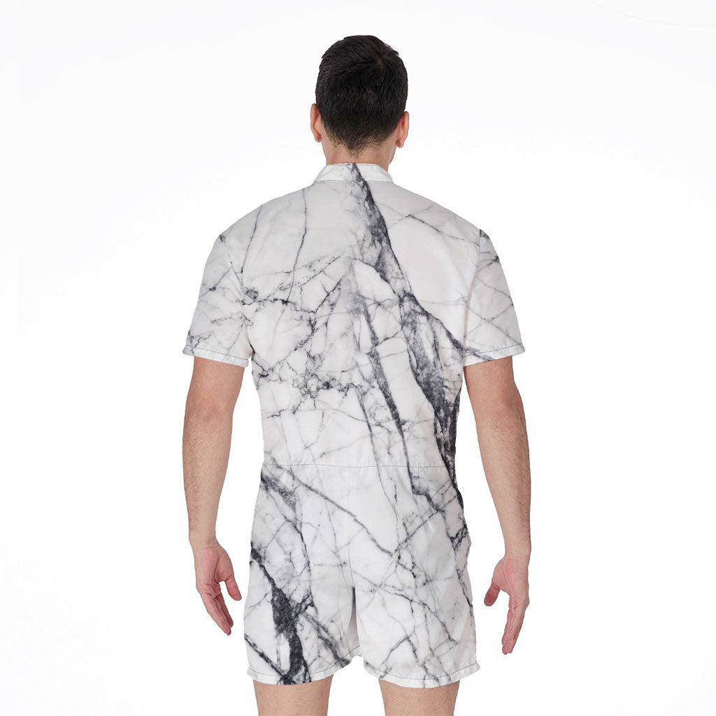 White Gray Scratch Marble Print Men's Rompers