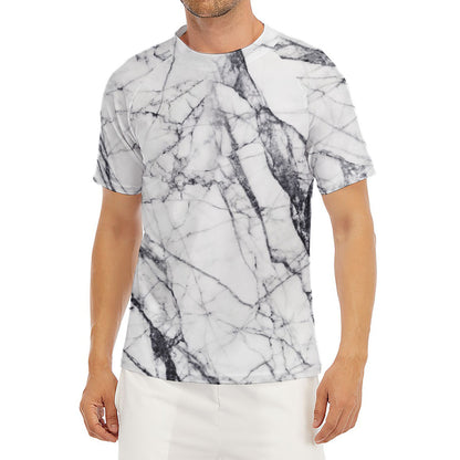 White Gray Scratch Marble Print Men's Short Sleeve Rash Guard