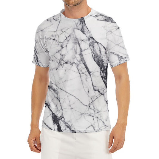 White Gray Scratch Marble Print Men's Short Sleeve Rash Guard